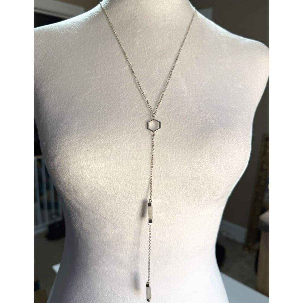 White Quartz Lariat Necklace Silver Hexagon Crystal Point Drop Boho Y Pendant 18